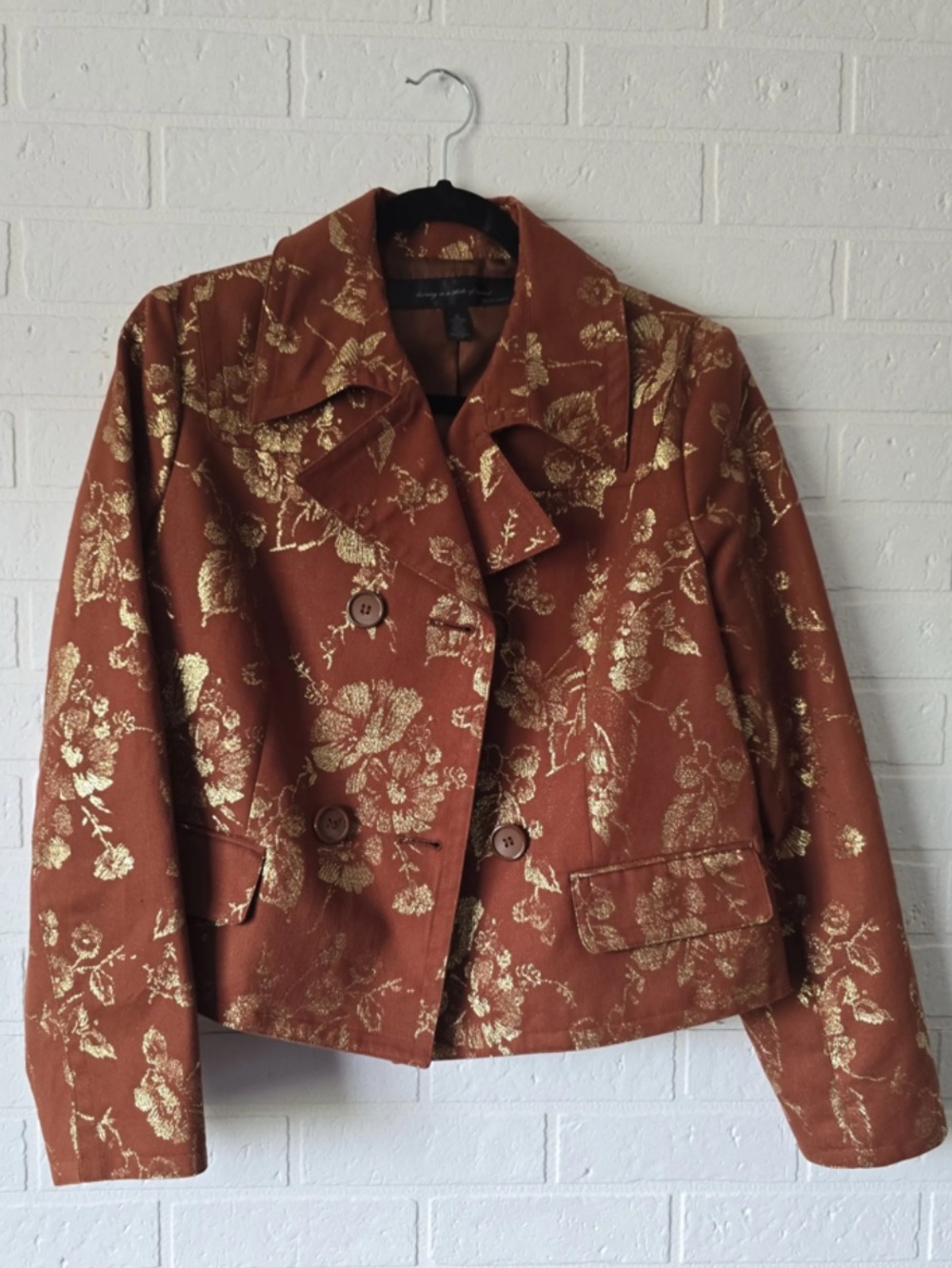 Coquette Floral Pea Coat in Brown and Gold Cottagecore Tailored Preppy Sz 8
